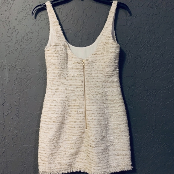 NBD Revolve Ivory Tweed & Metallic Gold Fringe Holiday Mini Dress - Picture 2 of 10